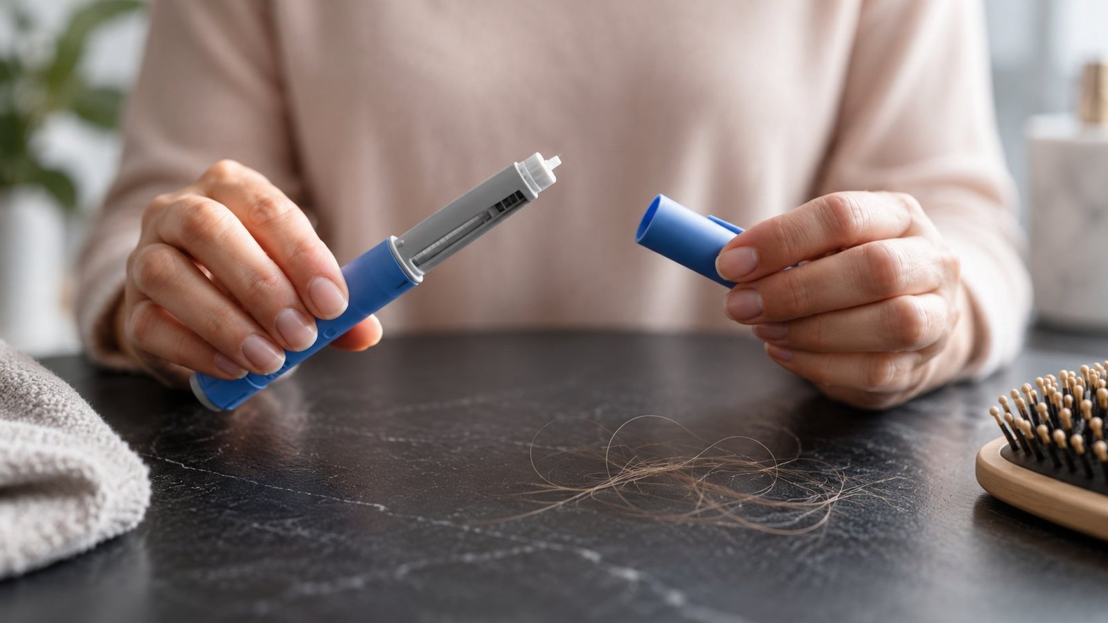 Mãos segurando uma caneta de aplicação aberta, com fios de cabelo caídos sobre a mesa